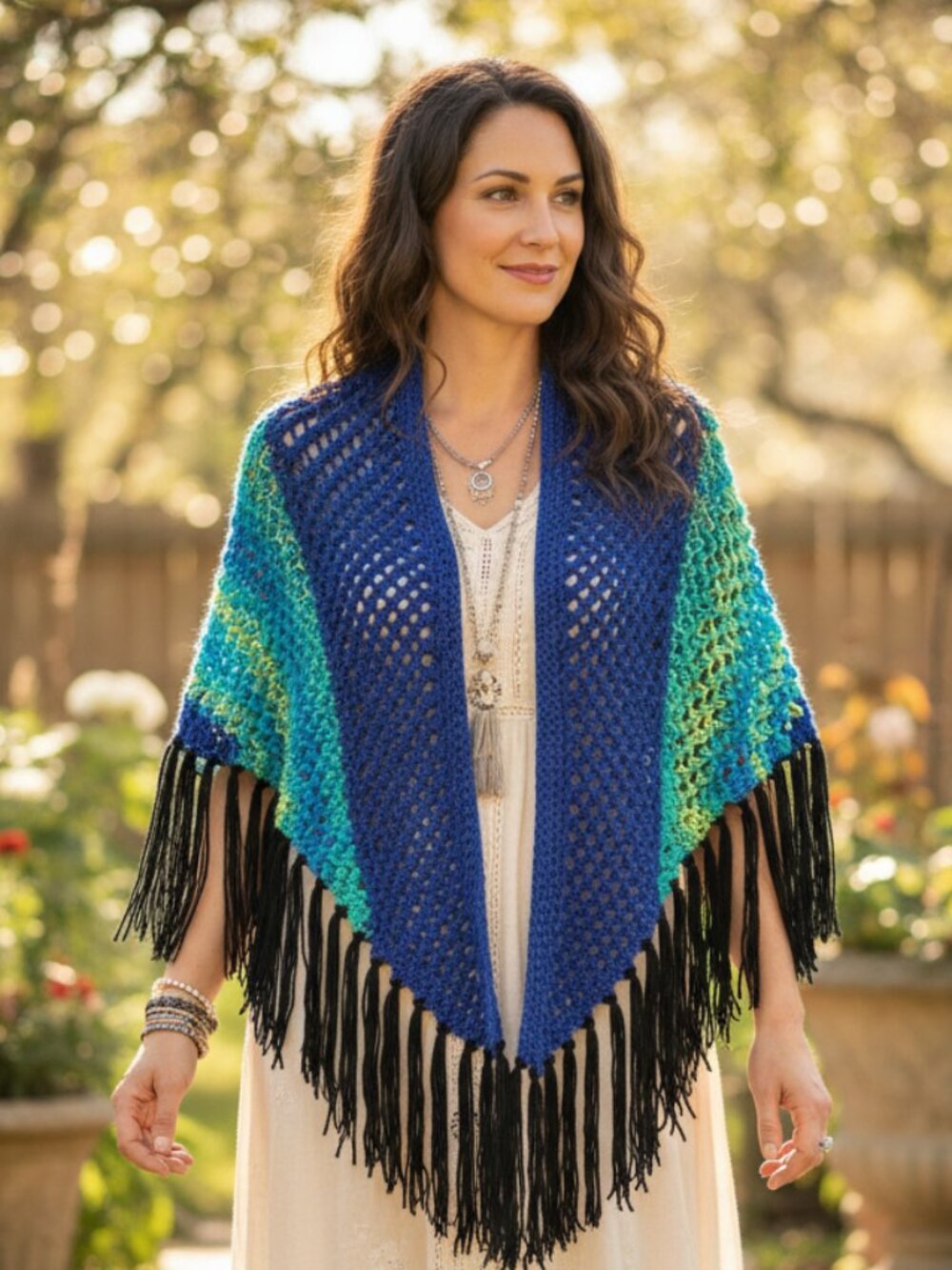 NEW Blue Green Multi Loose Knit Colorblock Shawl Wrap Scarf Boho Hippie Cottage